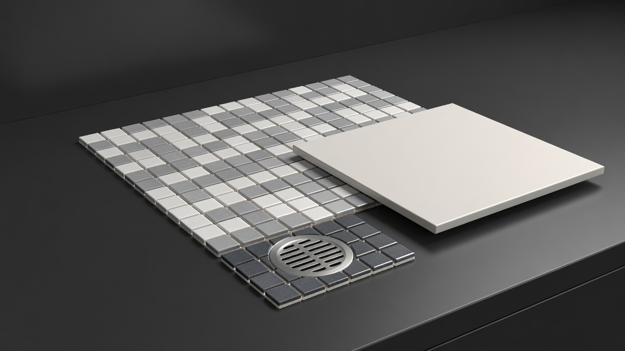 Soft-lit bathroom sample assembly with small porcelain shower-floor mosaics, a pale wall tile and a visible drain detail against charcoal