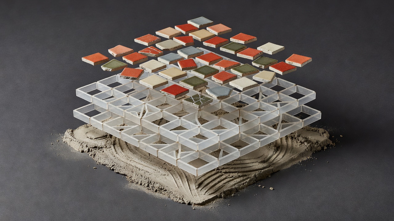 Exploded mosaic tile assembly on charcoal showing individual ceramic pieces, grout joints and the setting layer
