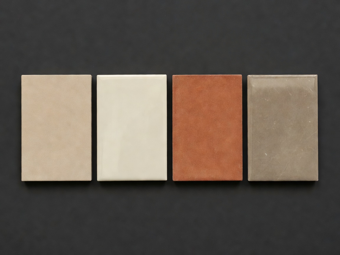 Soft-lit matte sand, satin cream, terracotta and polished stone tile specimens on a plain charcoal background
